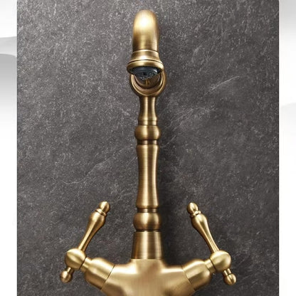 Vintage Antique Brass Single-Hole Bathroom Faucet, Double-Handle High-Arc Faucet