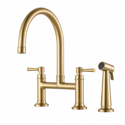 Traditional Two Handle 3-Hole Bridge Kitchen Faucet, Brushed Gold