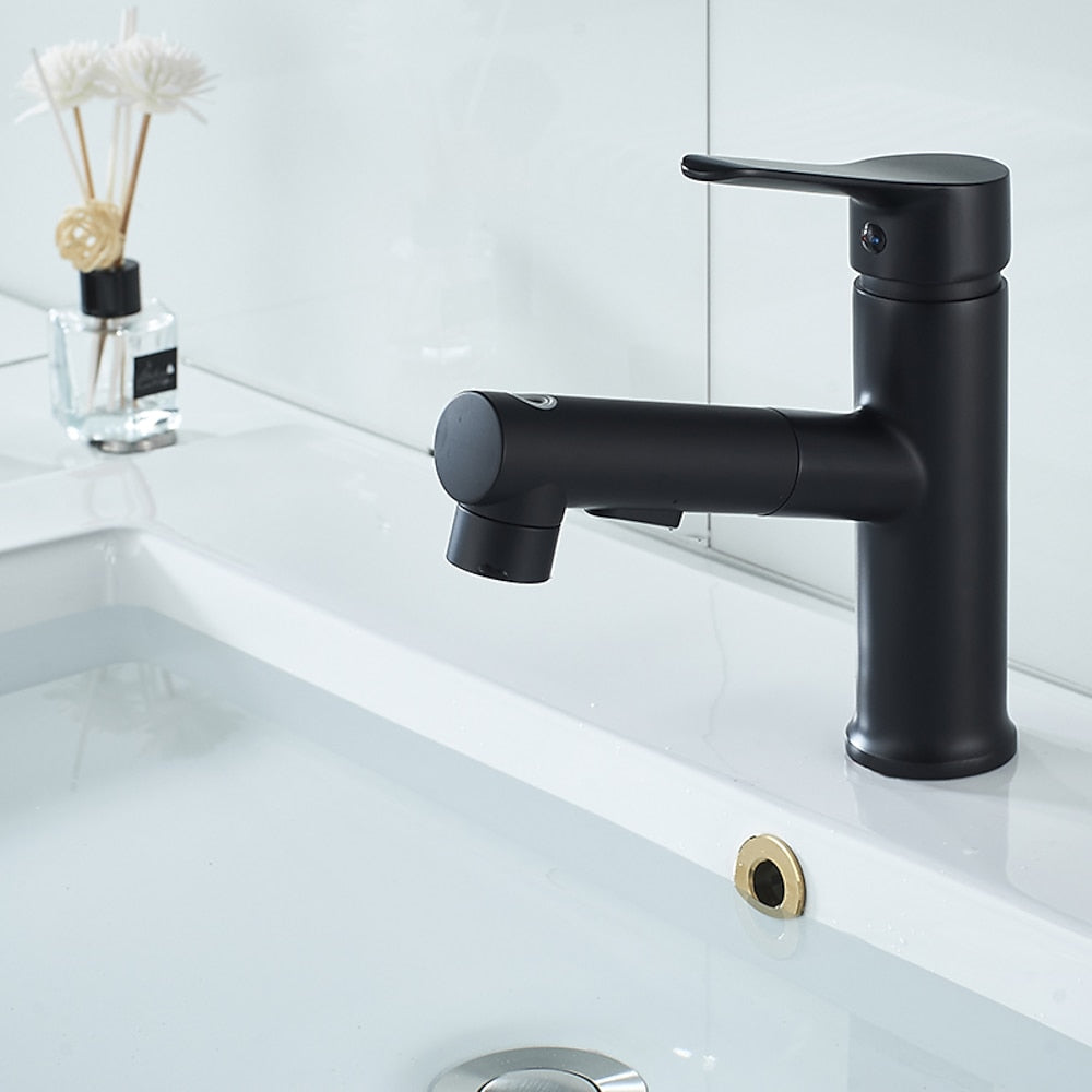 Modern Pull-Out Bathroom Faucet, Single-Handle Fountain Spout Faucet, Matte Black / Chrome