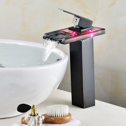 LED Waterfall Bathroom Faucet, Single-Handle Tall Body Vessel Sink Faucet, Polished Gold / Brushed Nickel / Oil-Rubbed Bronze / Chrome