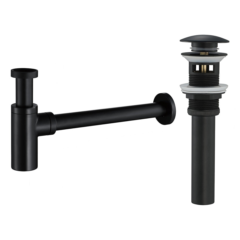 Contemporary Round Brass Bottle P-Trap, Bathroom Basin Sink Drain with Pop-Up Drain, Matte Black / Chrome