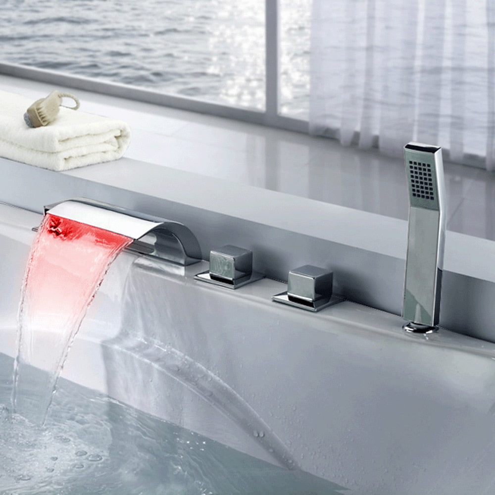 Chrome LED Waterfall Roman Tub Faucet, 5-Hole 3-Handle Deck Mount Faucet with Handheld Shower
