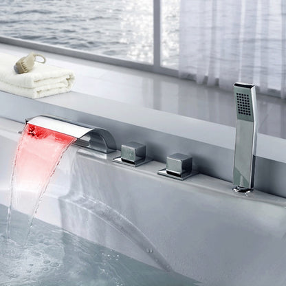 Chrome LED Waterfall Roman Tub Faucet, 5-Hole 3-Handle Deck Mount Faucet with Handheld Shower
