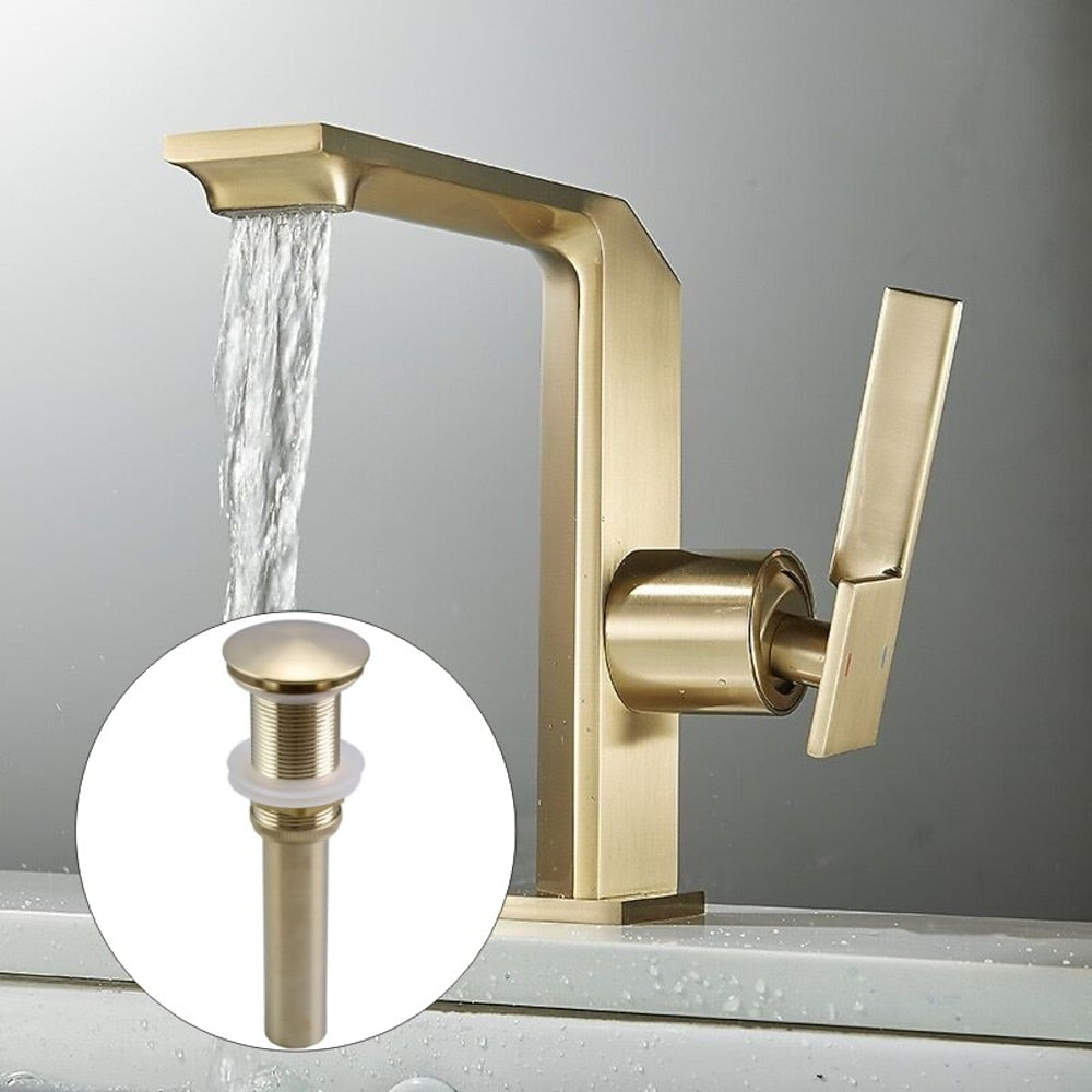 Modern Waterfall Bathroom Faucet, Single-Handle Brass Faucet, Chrome / Matte Black / Brushed Gold / Gunmetal