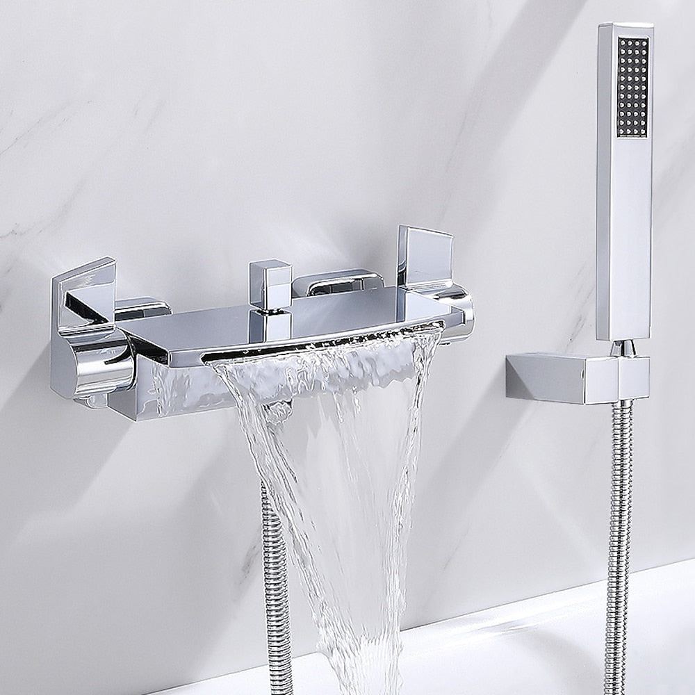 Waterfall Wall-Mount Tub Filler, Modern Brass Dual-Handle Bathtub Faucet with Handheld Shower, Chrome / Matte Black