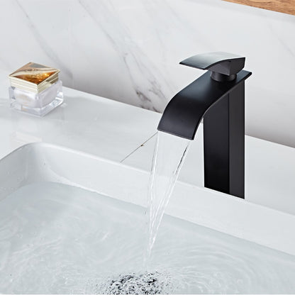Waterfall Single-Hole Bathroom Faucet, Modern Single-Handle Vessel Sink Faucet, Matte Black / Polished Gold