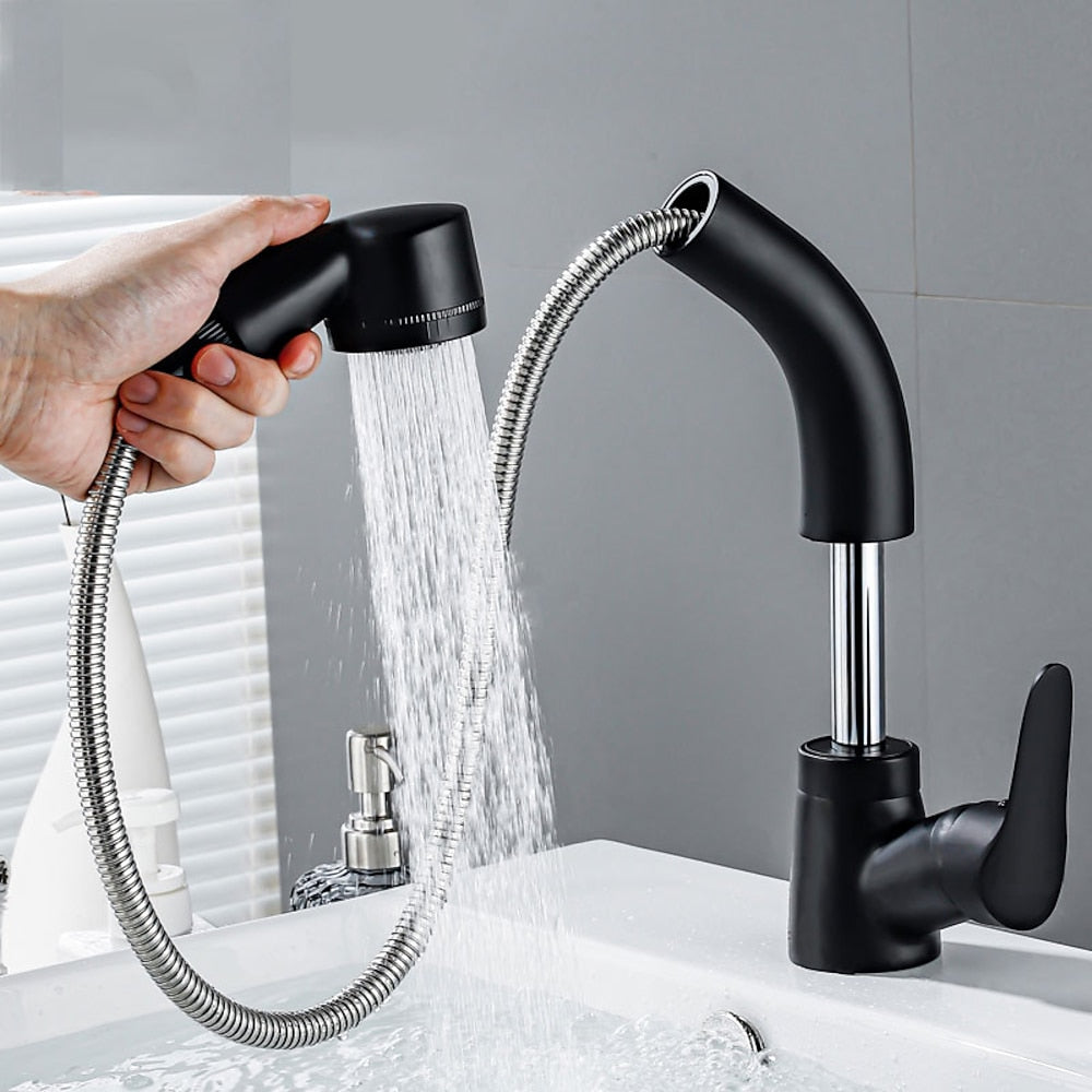 Pull-Out Single-Hole Bathroom Faucet, Single-Handle Liftable Swivel Faucet, Matte Black / Chrome