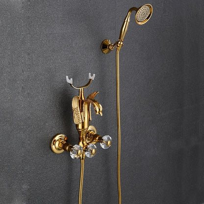 Swan Spout Wall-Mount Bathtub Faucet, Dual-Handle Tub Filler with Handheld Shower, Antique Brass / Matte Black / Chrome / Polished Gold
