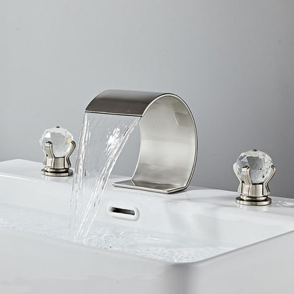Waterfall Widespread Bathroom Faucet, 3-Hole Dual Crystal Knob Handle Faucet, Chrome / Matte Black / Polished Gold / Brushed Nickel