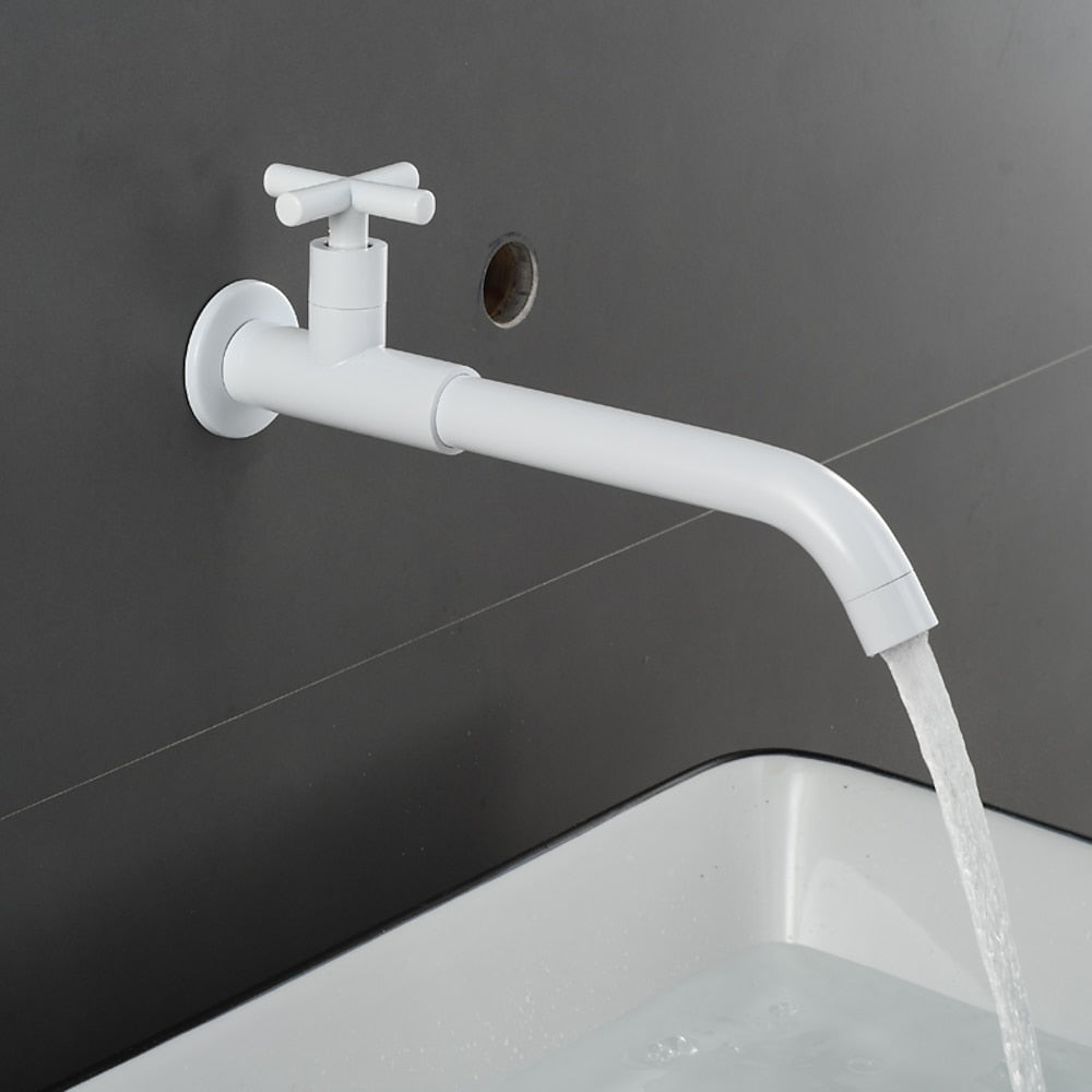 Modern Wall-Mount Bathroom Faucet, Single-Handle Swivel Spout Cold Only Faucet, Matte Black / Matte White / Antique Brass / Chrome