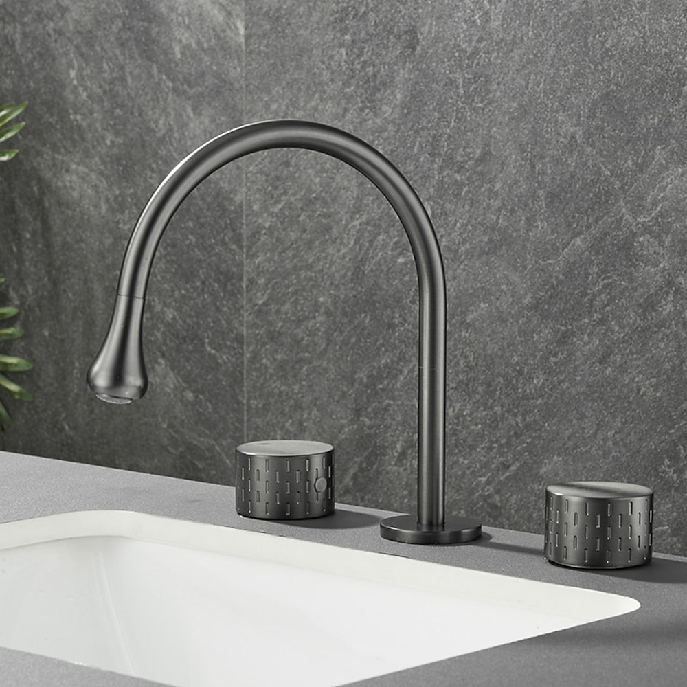 360-Degree Swivel Modern Bathroom Sink Faucet, 3-Hole Widespread Brass Faucet, Gunmetal / Matte Black / Brushed Gold / Chrome
