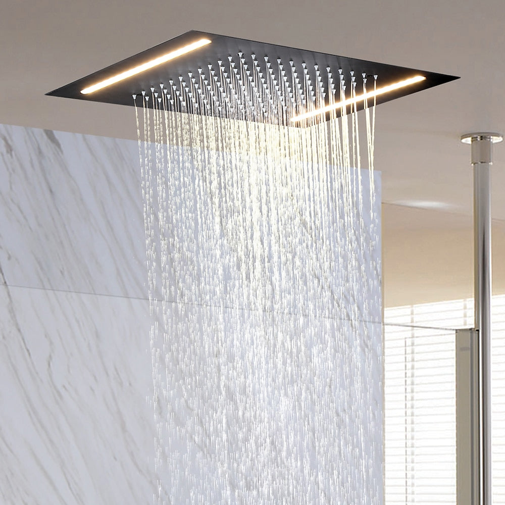 Matte Black Ceiling-Mounted Shower Head, LED Rainfall Shower Head with Power Adapter