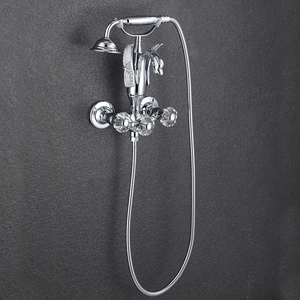 Swan Spout Wall-Mount Bathtub Faucet, Dual-Handle Tub Filler with Handheld Shower, Antique Brass / Matte Black / Chrome / Polished Gold