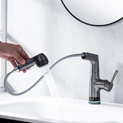 LED Digital Display Pull-Out Bathroom Faucet, Liftable Single-Handle Deck Mount Faucet, Gunmetal / Matte White / Chrome