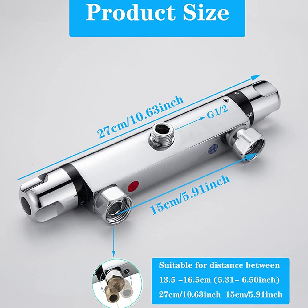 Chrome Wall-Mount Thermostatic Shower Valve, Dual-Knob Brass Mixer Bar with 38°C Safety Button