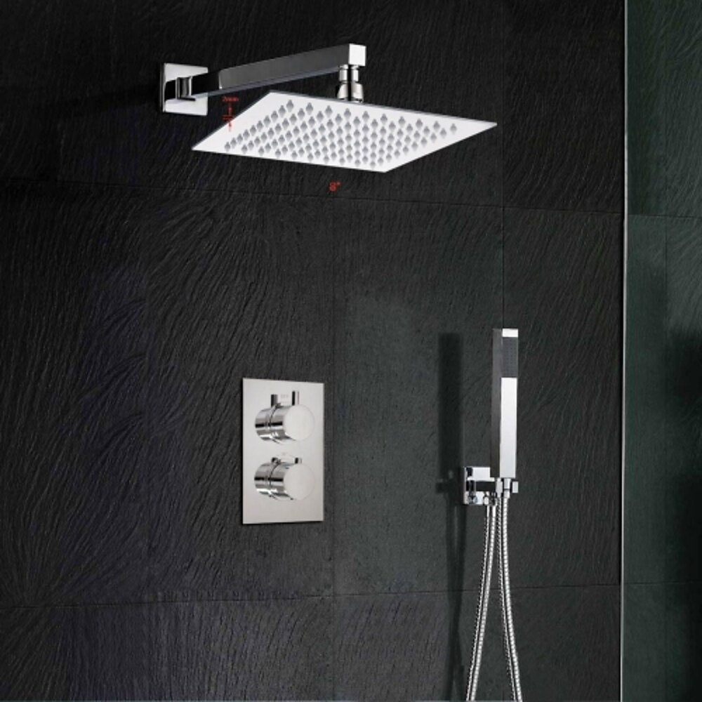 Chrome Wall-Mount Shower System, Thermostatic Dual-Handle Shower Faucet with Handheld Shower