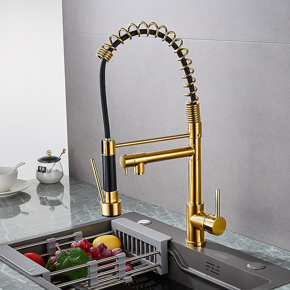 Two-Tone Black Gold Modern Pre-Rinse Kitchen Faucet, Single-Hole Brass Pull-Down Faucet