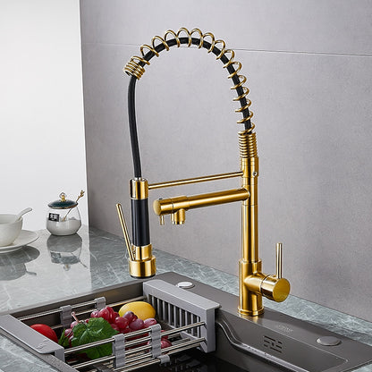 Two-Tone Black Gold Modern Pre-Rinse Kitchen Faucet, Single-Hole Brass Pull-Down Faucet