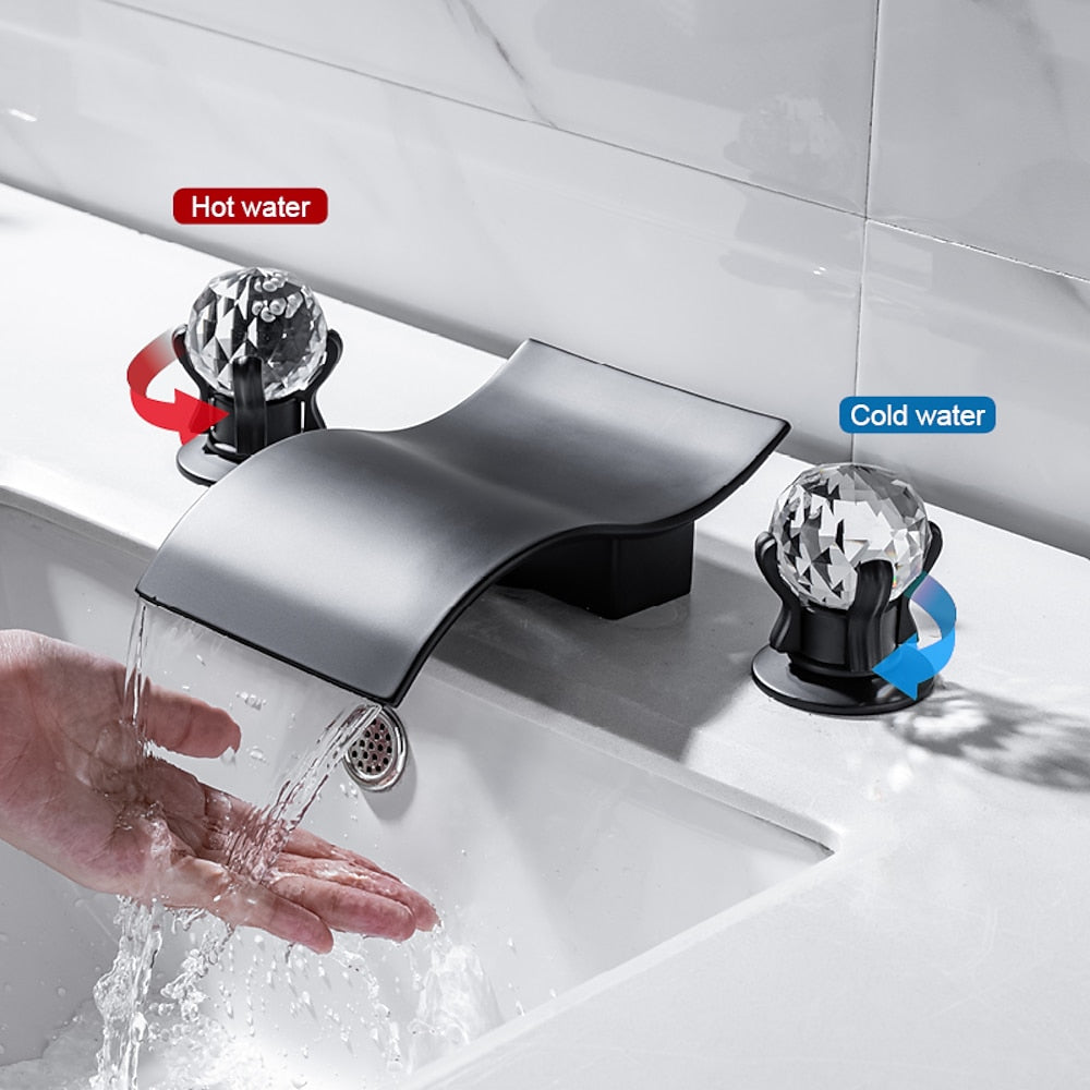 Waterfall Brass Bathroom Faucet, 3-Hole Widespread Faucet with Crystal Knob Handles, Matte Black / Chrome
