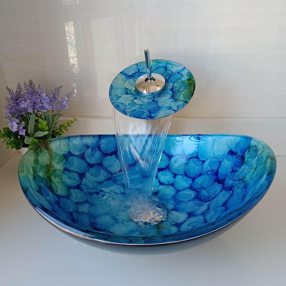 Blue Tempered Glass Vessel Sink Faucet Set, Chrome Waterfall Spout Faucet with Pop-Up Drain / Mounting Ring