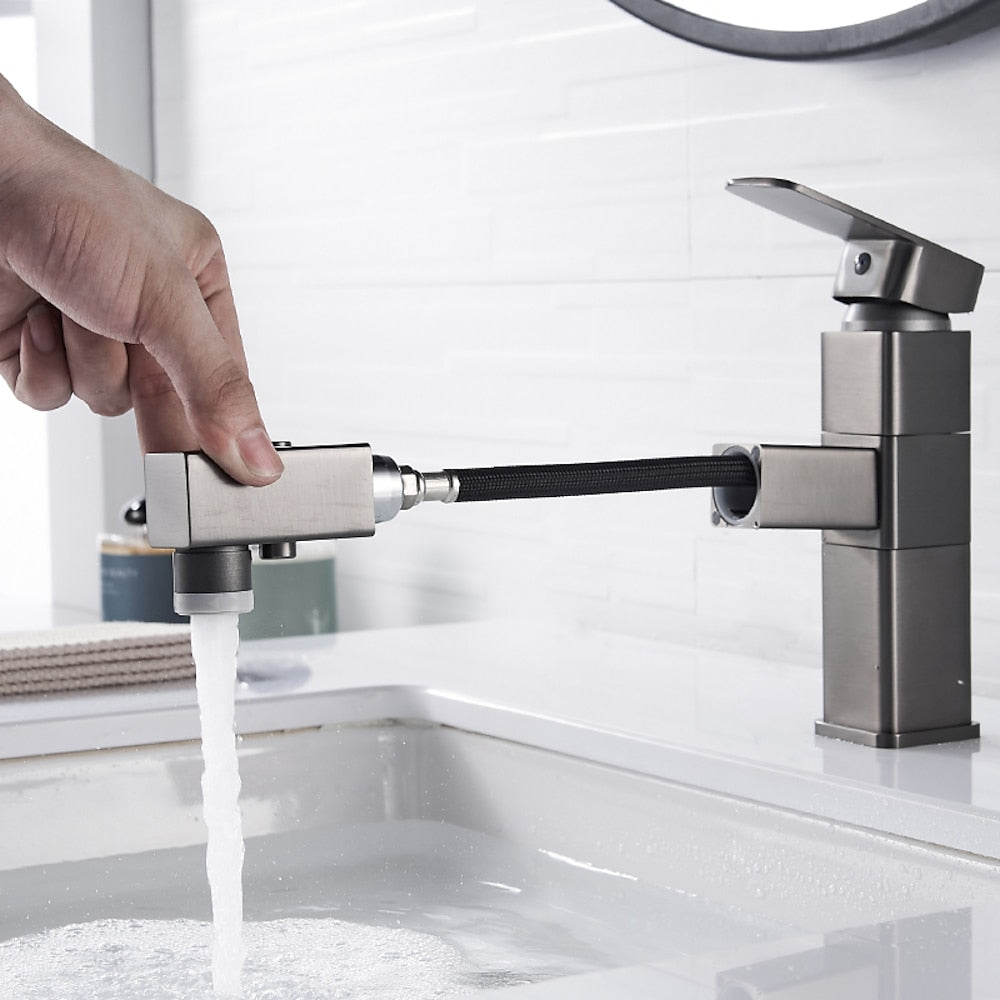 Modern Pull-Out Bathroom Faucet, Single-Hole Swivel Spout Faucet, Matte Black / Chrome / Brushed Nickel / Gunmetal / Matte White