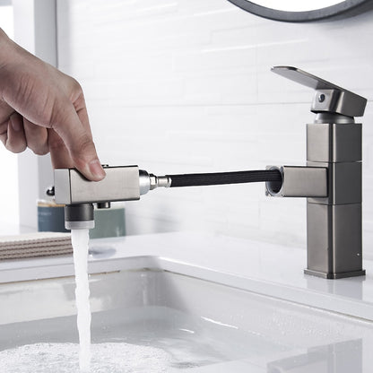 Modern Pull-Out Bathroom Faucet, Single-Hole Swivel Spout Faucet, Matte Black / Chrome / Brushed Nickel / Gunmetal / Matte White