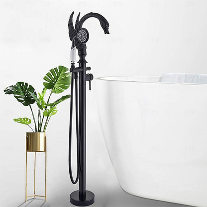 Swan Design Freestanding Tub Filler Faucet, Single-Handle Swivel Spout Tub Faucet with Handheld Shower, Polished Gold / Matte Black