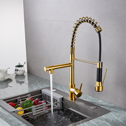 Two-Tone Black Gold Modern Pre-Rinse Kitchen Faucet, Single-Hole Brass Pull-Down Faucet