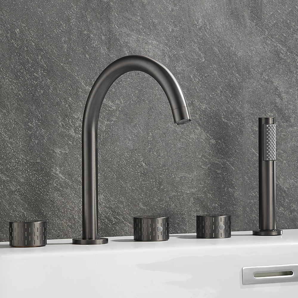 Contemporary 3-Handle Roman Tub Faucet, 5-Hole Brass Tub Filler with Handheld Shower