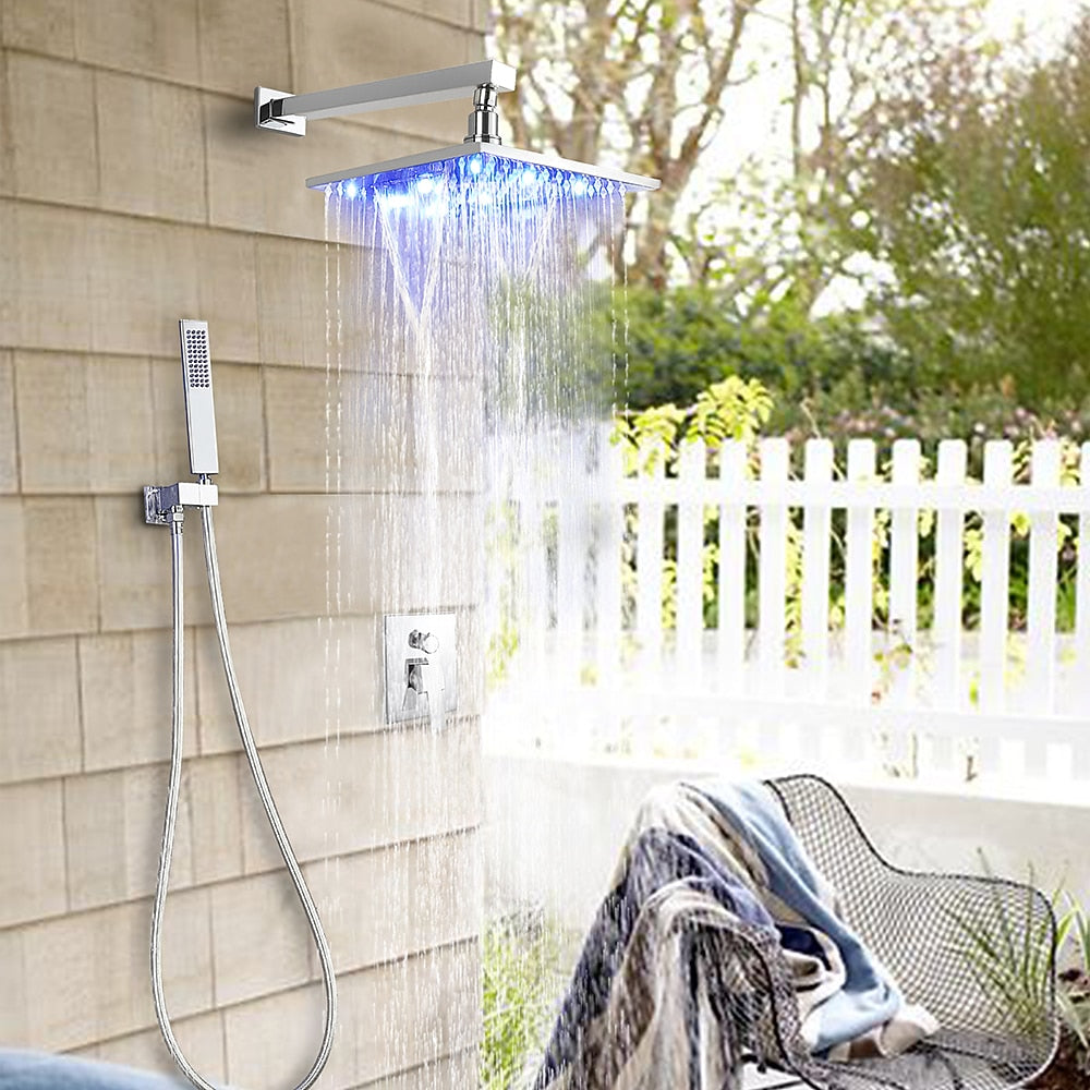 LED Rainfall Shower Faucet System, Wall-Mount Single-Handle Shower Faucet with Handheld Shower, Matte Black / Chrome