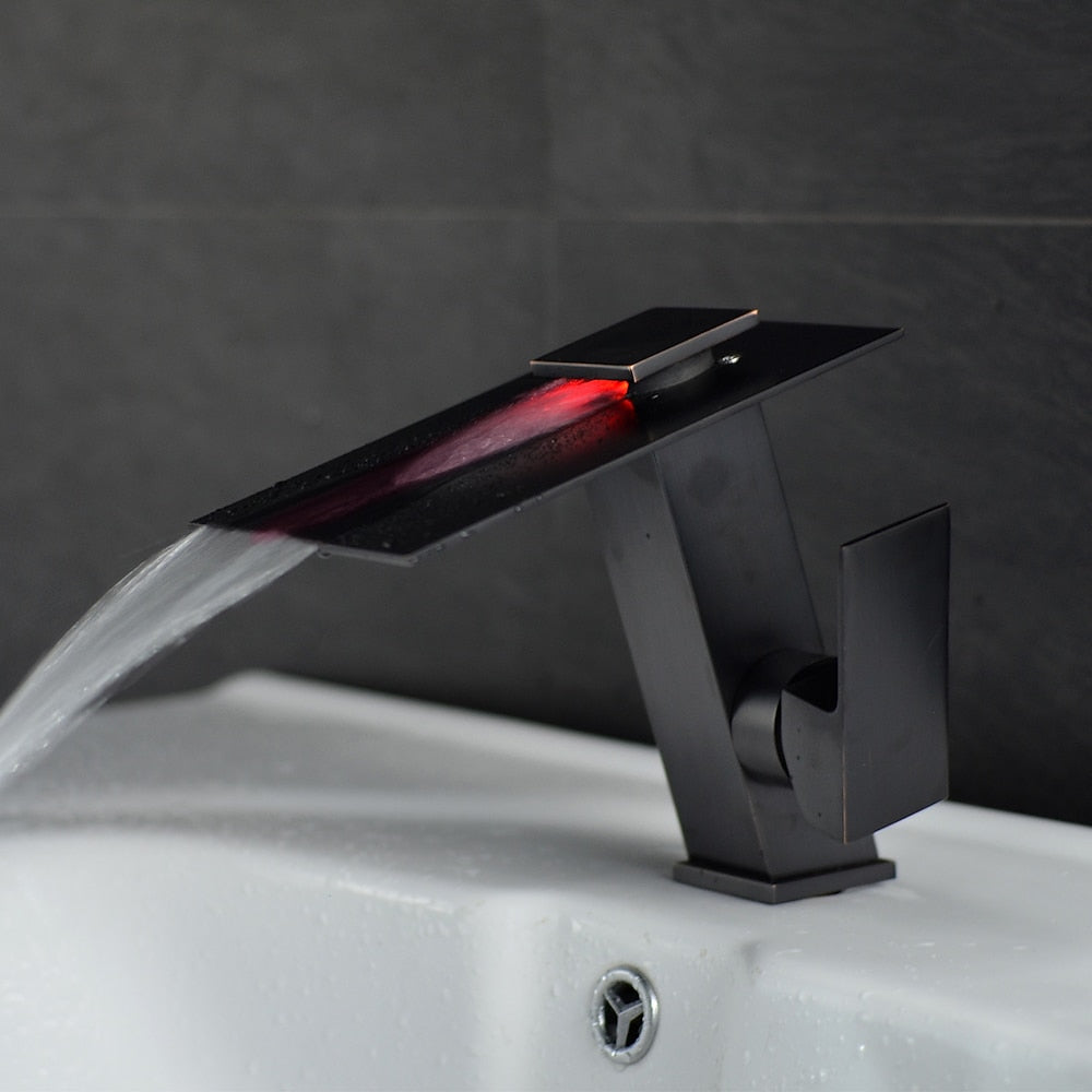 LED Waterfall Bathroom Faucet, Single-Hole Single-Handle Brass Faucet, Brushed Nickel / Chrome / Oil-Rubbed Bronze