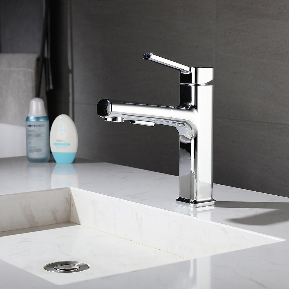 Modern Pull-Out Single-Hole Bathroom Faucet, Single-Handle Basin Faucet, Chrome / Matte Black / Brushed Gold / Gunmetal
