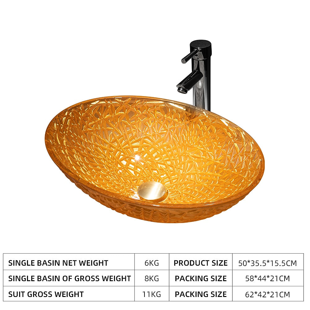 Orange Oval Glass Vessel Sink with Chrome Faucet, Single-Handle Bathroom Vessel Faucet with Pop-Up Drain