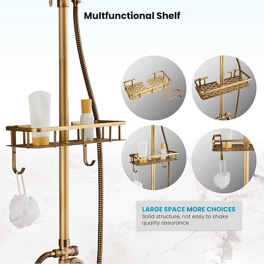 Antique Brass Rainfall Shower System, Wall-Mount Double Cross Handle Shower Faucet with Handheld Shower / Swivel Tub Spout