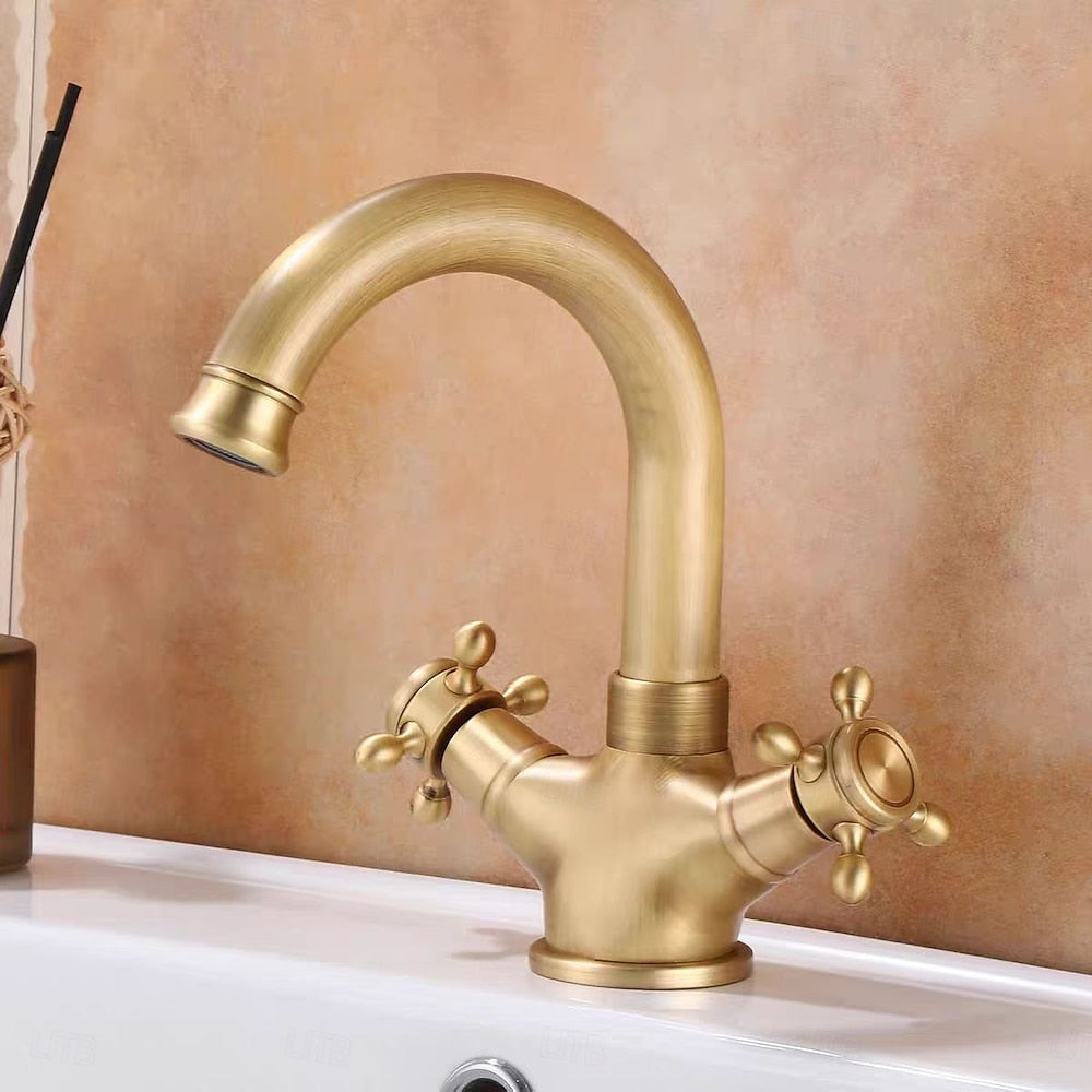 Antique Brass Swivel Spout Bathroom Faucet, Single-Hole Dual Cross Handle Vanity Faucet
