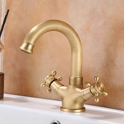 Antique Brass Swivel Spout Bathroom Faucet, Single-Hole Dual Cross Handle Vanity Faucet