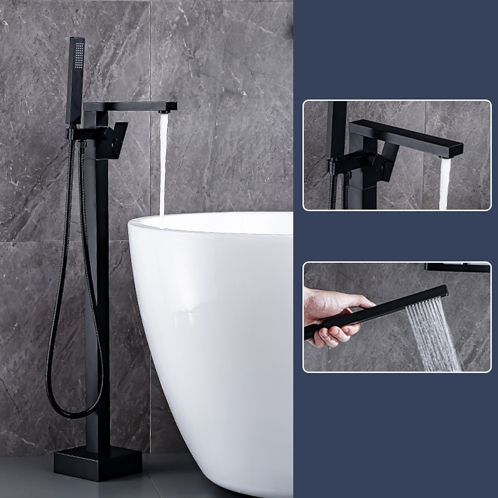 360-Degree Swivel Spout Freestanding Tub Filler Faucet, Single-Handle Floor-Mount Tub Faucet with Hand Shower, Chrome / Matte Black