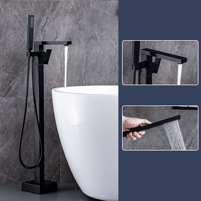 Modern Freestanding Floor-Mount Tub Filler Faucet, Single-Handle Brass Faucet with Handheld Shower, Matte Black / Chrome
