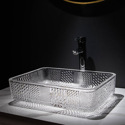 Transparent Rectangular Glass Vessel Sink, Single-Handle Chrome Faucet / Gold Pop-Up Drain Vessel Sink Set