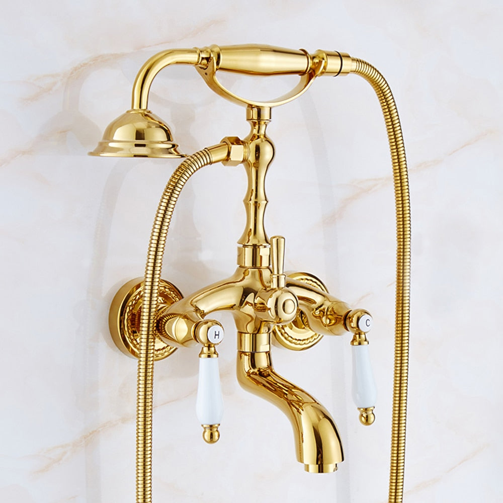 Polished Gold Wall-Mount Tub Filler Faucet, Telephone Dual-Handle Bathtub Faucet with Handheld Shower