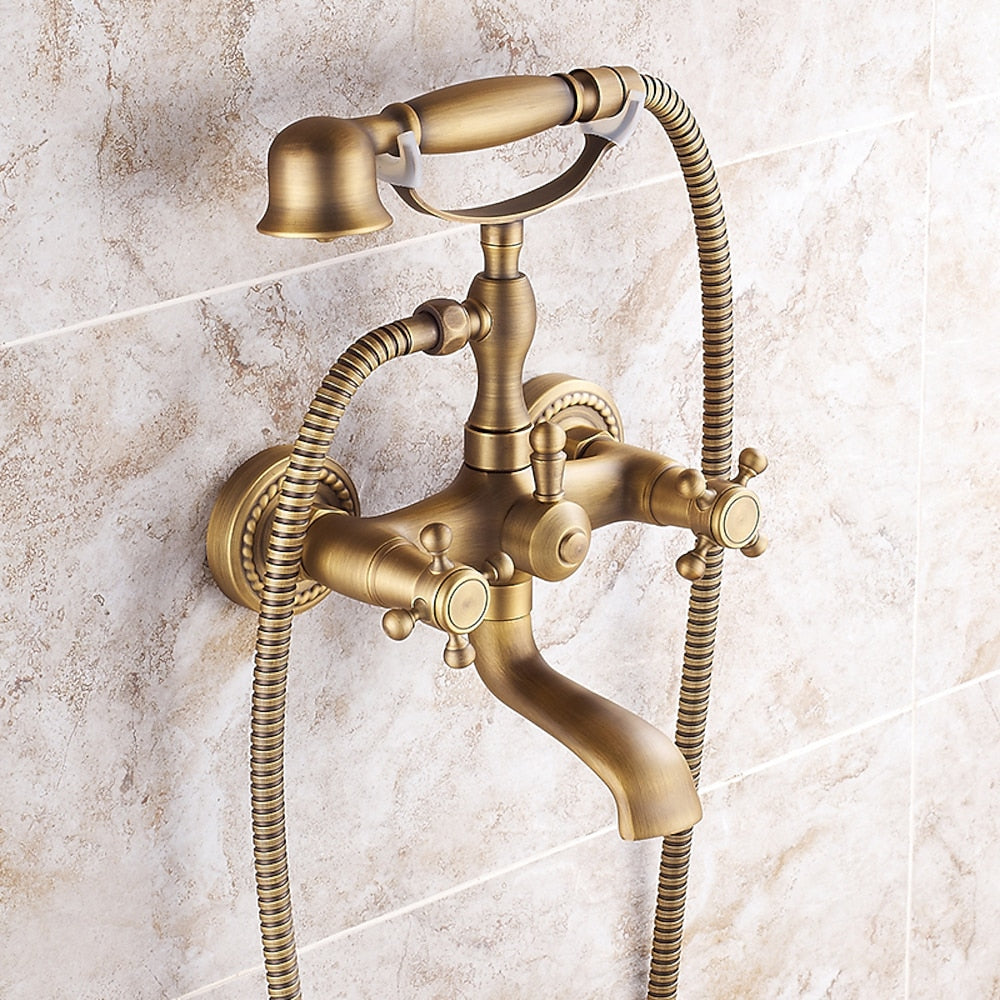 Vintage Wall-Mount Tub Faucet, Double-Handle Brass Bathtub Faucet with Telephone- Handheld Shower, Antique Brass / Matte Black