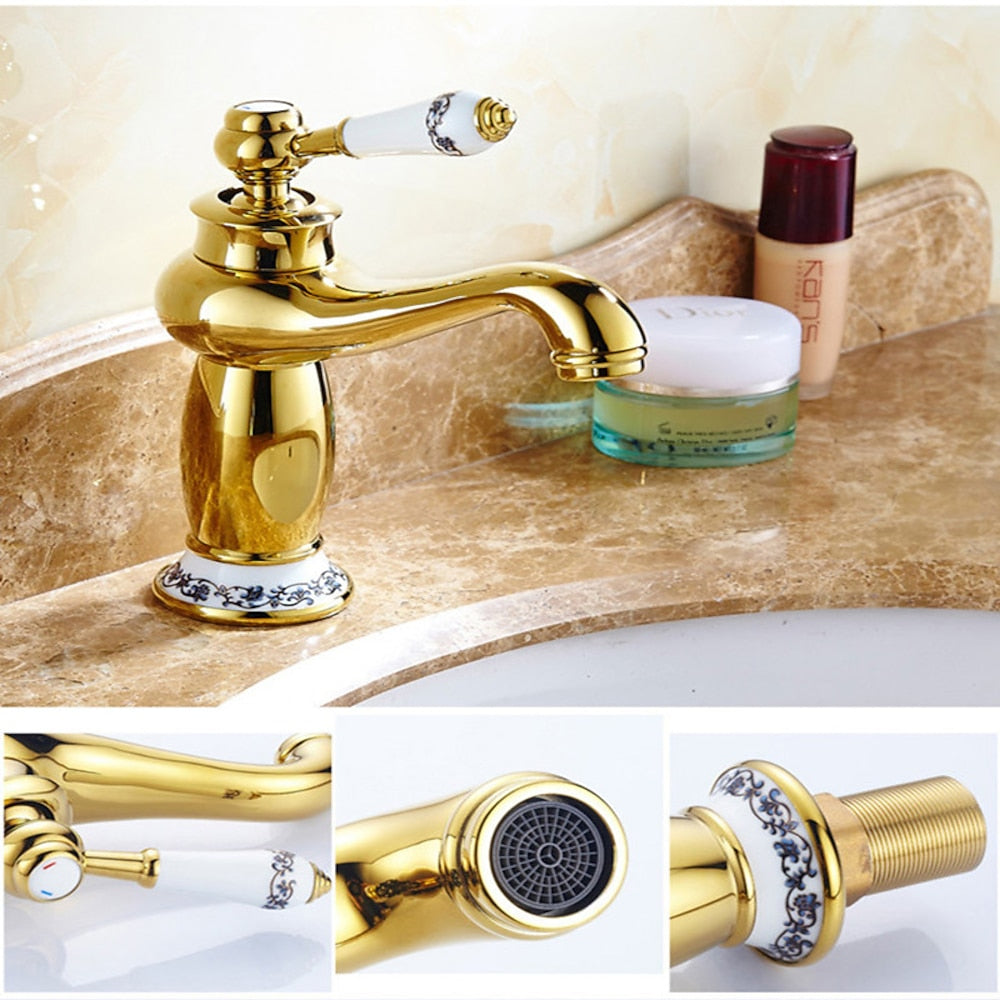 Vintage Single-Hole Bathroom Faucet, Single-Handle Brass Vanity Faucet with Ceramic Floral Accent