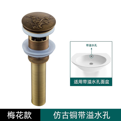 Antique Brass Engraved Bathroom Sink Pop-Up Drain, Solid Brass Vanity Basin Drain Assembly, With / Without Overflow