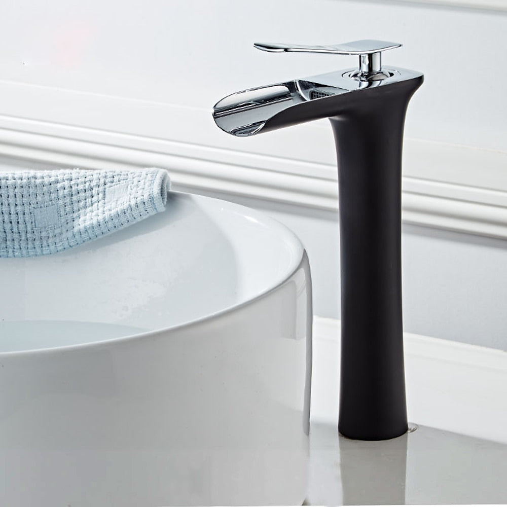 Waterfall Modern Brass Vessel Sink Faucet, Single-Handle Tall Faucet