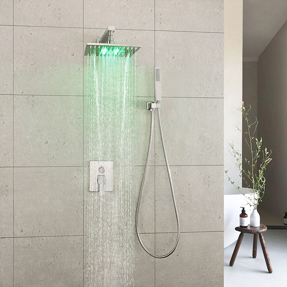 LED Rainfall Shower Faucet System, Wall-Mount Single-Handle Shower Faucet with Handheld Shower, Matte Black / Chrome