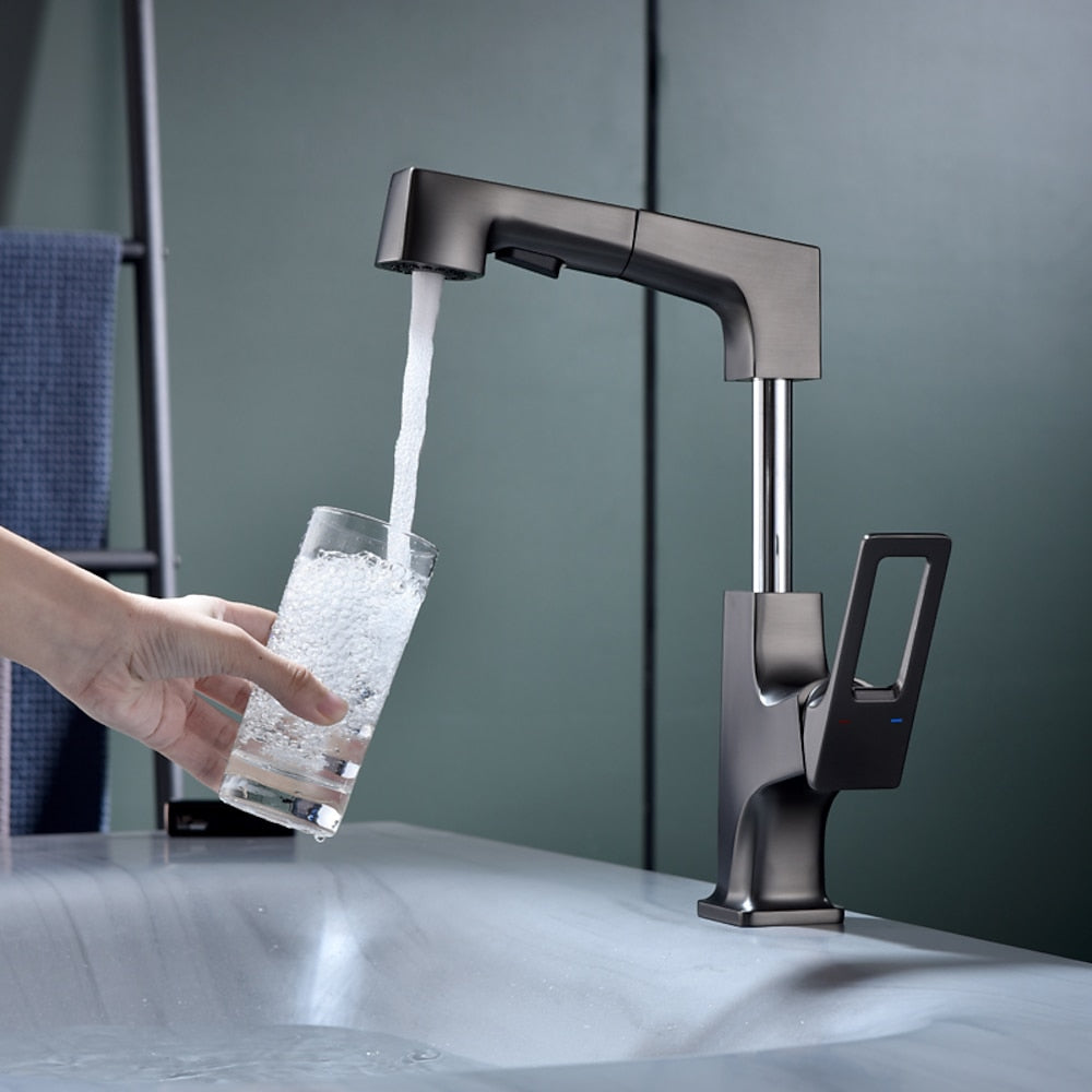Liftable Pull-Out Bathroom Sink Faucet, Single-Handle Single-Hole Brass Faucet with Water Supply Lines, Matte Black / Chrome / Matte White / Gunmetal