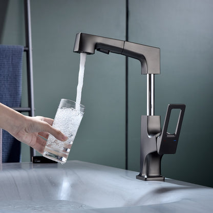 Liftable Pull-Out Bathroom Sink Faucet, Single-Handle Single-Hole Brass Faucet with Water Supply Lines, Matte Black / Chrome / Matte White / Gunmetal