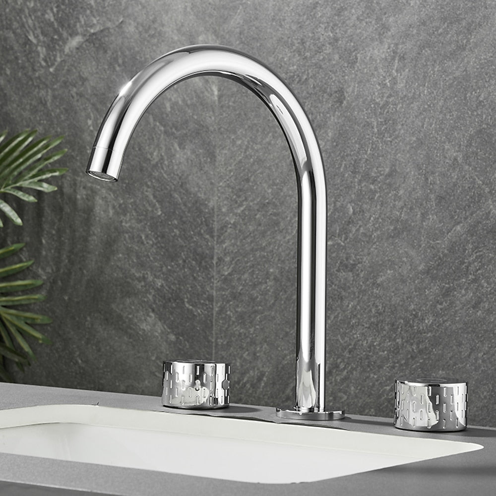 Swivel Spout 3-Hole Widespread Bathroom Sink Faucet, Dual-Handle Brass Faucet, Brushed Gold / Gunmetal / Matte Black / Chrome