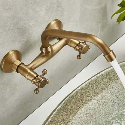 Antique Brass Traditional Wall-Mount Bathroom Faucet, Double Cross-Handle Swivel Spout Sink Faucet