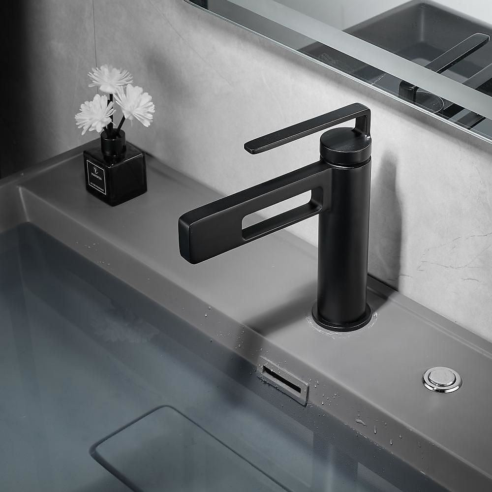 Modern Waterfall Bathroom Sink Faucet, Single-Handle Single-Hole Brass Faucet, Matte Black / Brushed Gold / Gunmetal / Chrome / Matte White